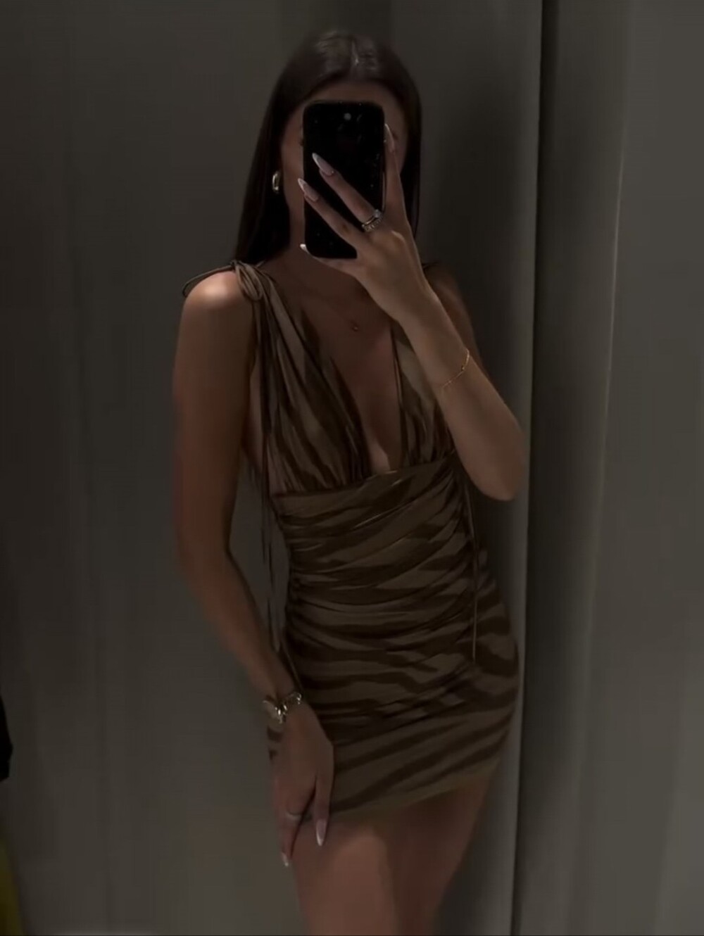 New Zara Zebra Printed Tulle Plunging Neckline Wide Straps Draped Fabric Dress - Picture 7 of 13